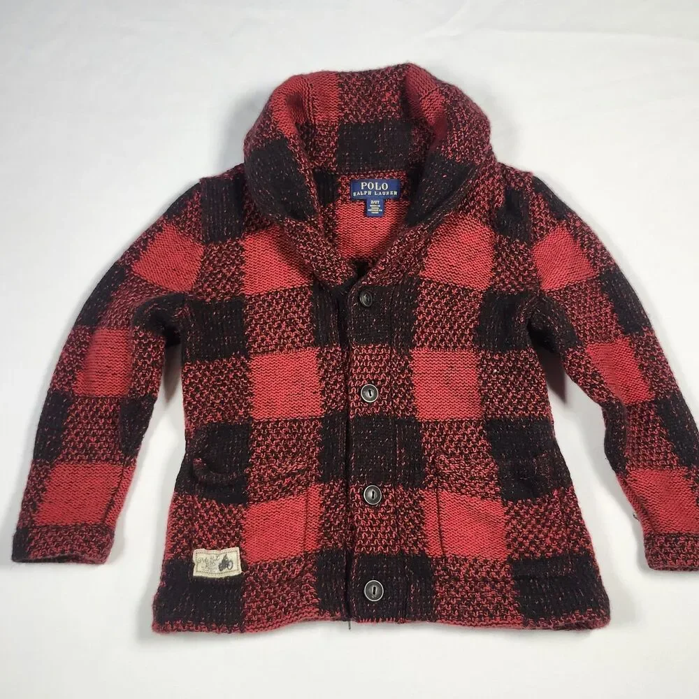 Polo Ralph Lauren Cardigan‎ Sweater Jacket Sz 2T Buffalo Plaid Shawl Collar